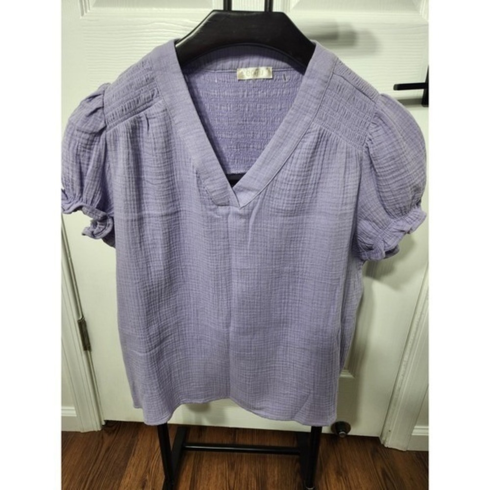 Ecru Lavender Purple Cotton Gauze Smocked V-Neck Puff Sleeve Blouse Womens Large